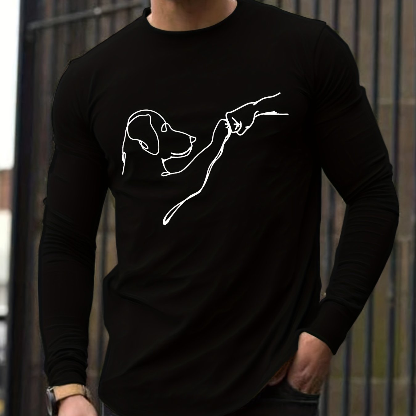 Simple Dog Print Men's Long Sleeve Fit T-shirt For Spring Fall, Men's All-match Crew Neck Tops
