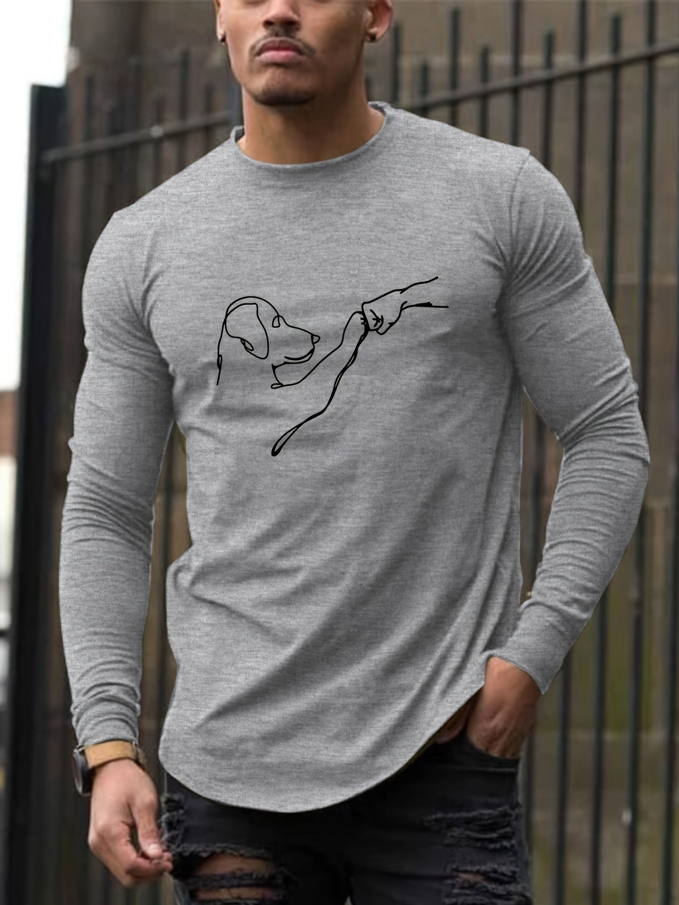 Simple Dog Print Men's Long Sleeve Fit T-shirt For Spring Fall, Men's All-match Crew Neck Tops