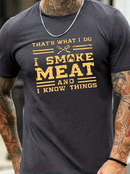 Tees For Men, Family Man Smoking Meat On Barbeques Print T Shirt, Casual Short Sleeve Crew Neck Tshirt For Summer Spring Fall, Tops As Gifts