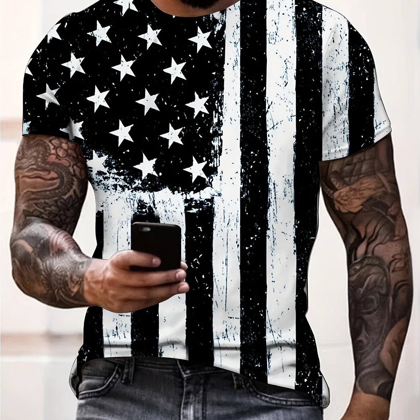 Distressed American Flag 3D Digital Pattern Print Graphic T-shirts, Independence Day The 4th Of July, Causal Tees, Short Sleeves Comfortable Pullover Tops, Men's Summer Clothing